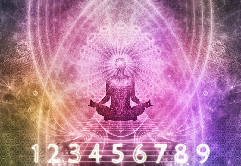 Image showing an outline of a person meditating. Background is magical with pink and purple swirls with the numbers 1-9 showing. Planes of expression numerology.